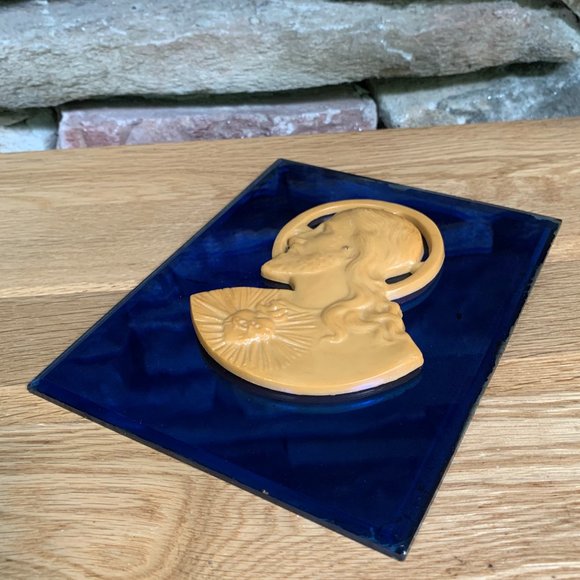 VTG Jesus Blue Mirror Art Deco 20s 30s Plaque Christian Religious Celluloid Art - Picture 3 of 8